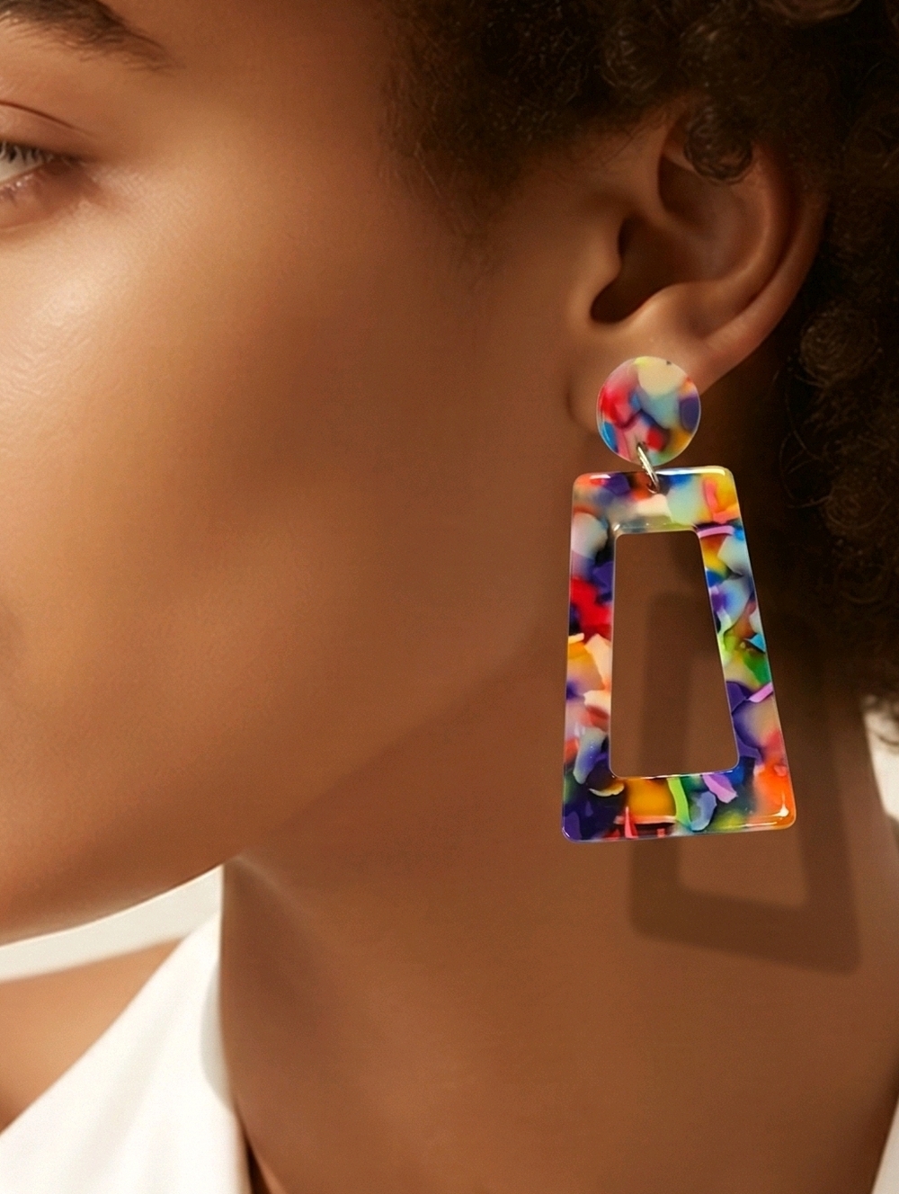 Multicolor Marbled Acrylic Clip On Earrings Geometric Confetti Statement Dangle